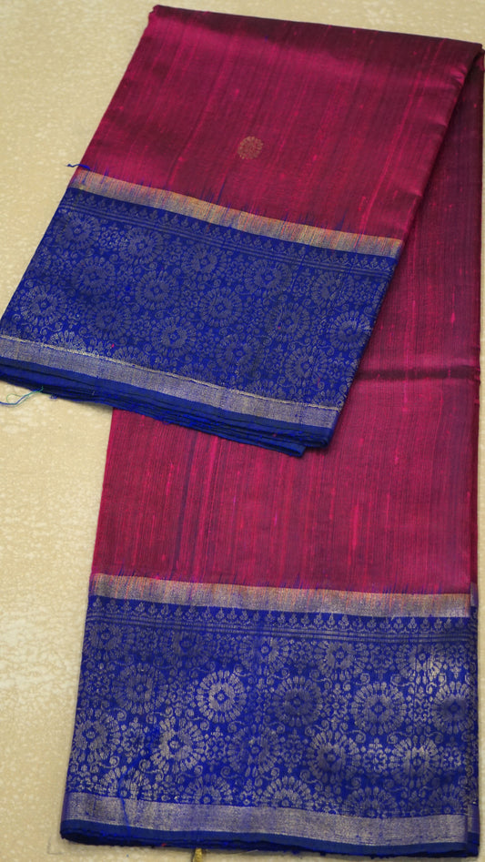 Pure Dupion Silk Saree - Pink With Navy Blue Border