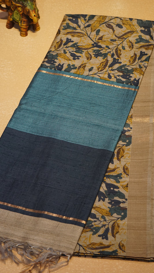 Pure Tussar Saree Floral - Beige & Peacock Blue