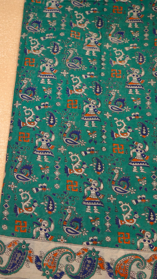 Kalamkari Saree Cotton - Green With Beige Border