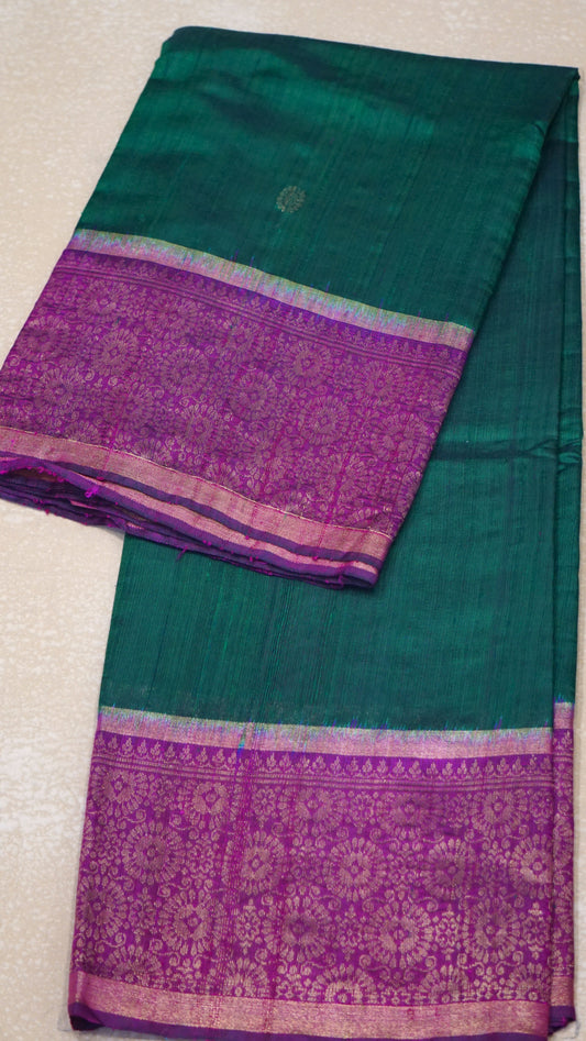 Pure Dupion Silk Saree - Green with Pink Border