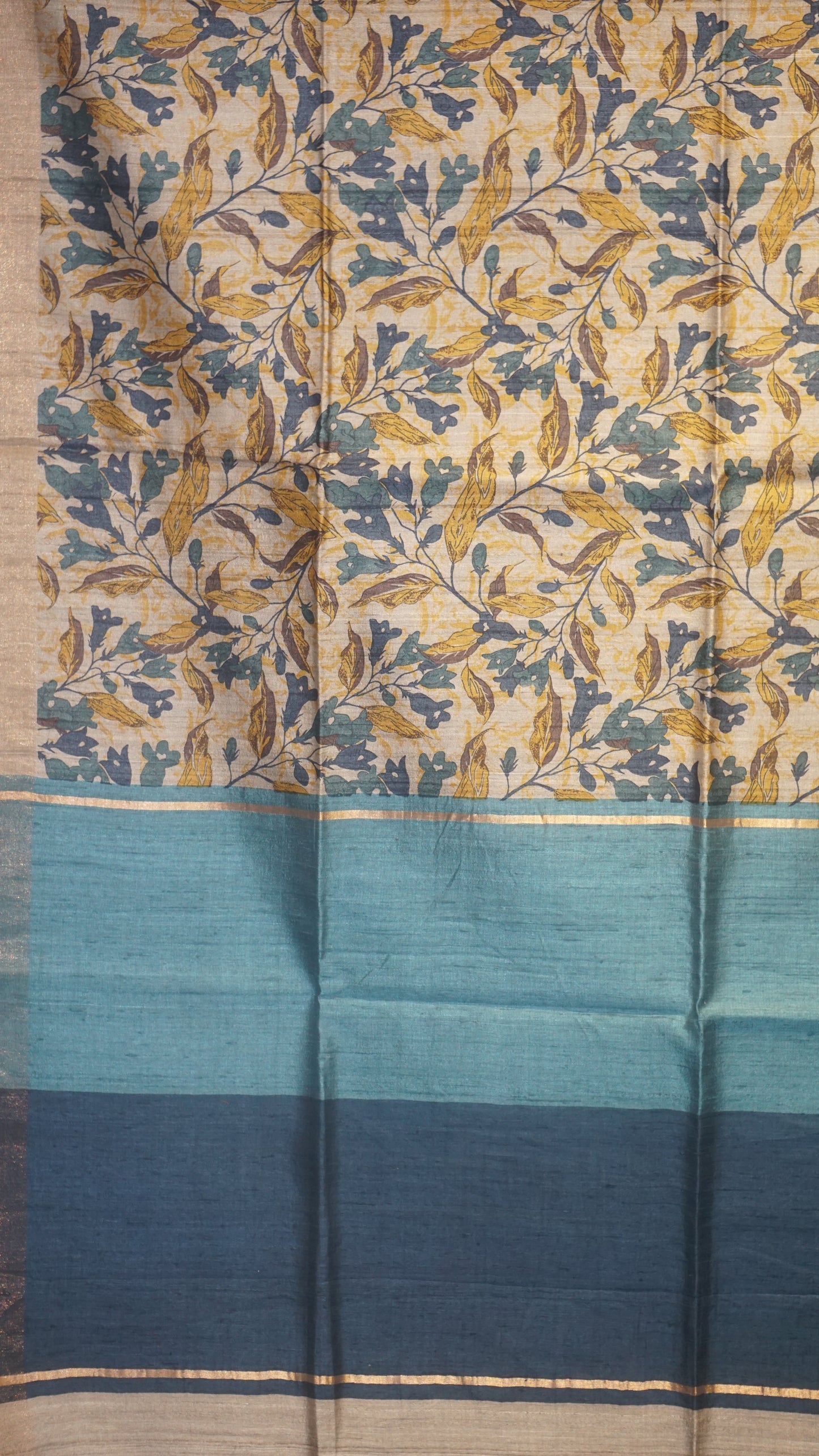 Pure Tussar Saree Floral - Beige & Peacock Blue
