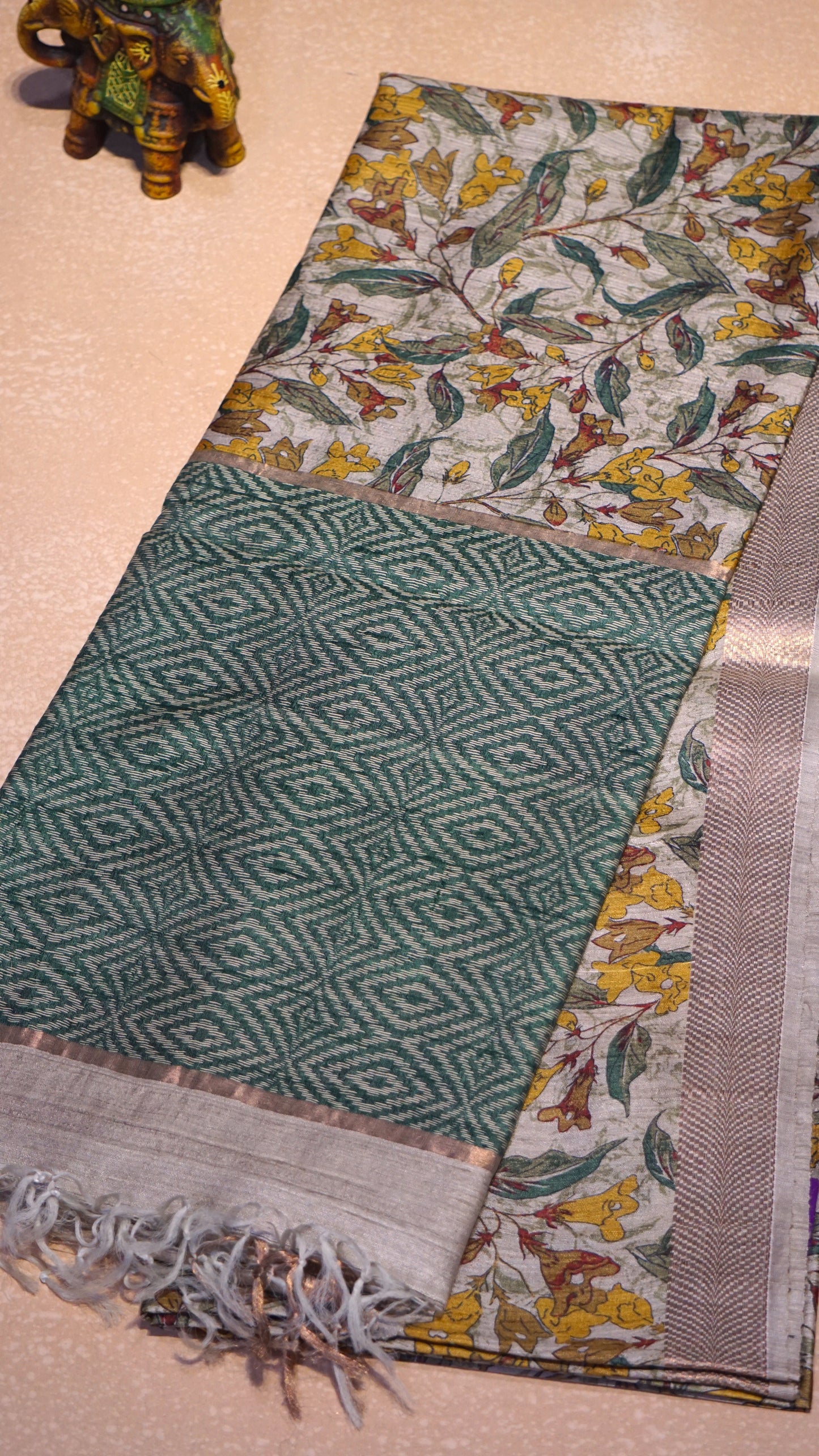 Pure Tussar Saree Floral - Beige & Green