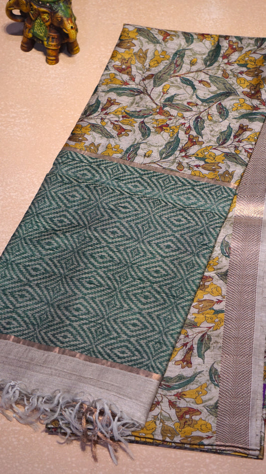 Pure Tussar Saree Floral - Beige & Green