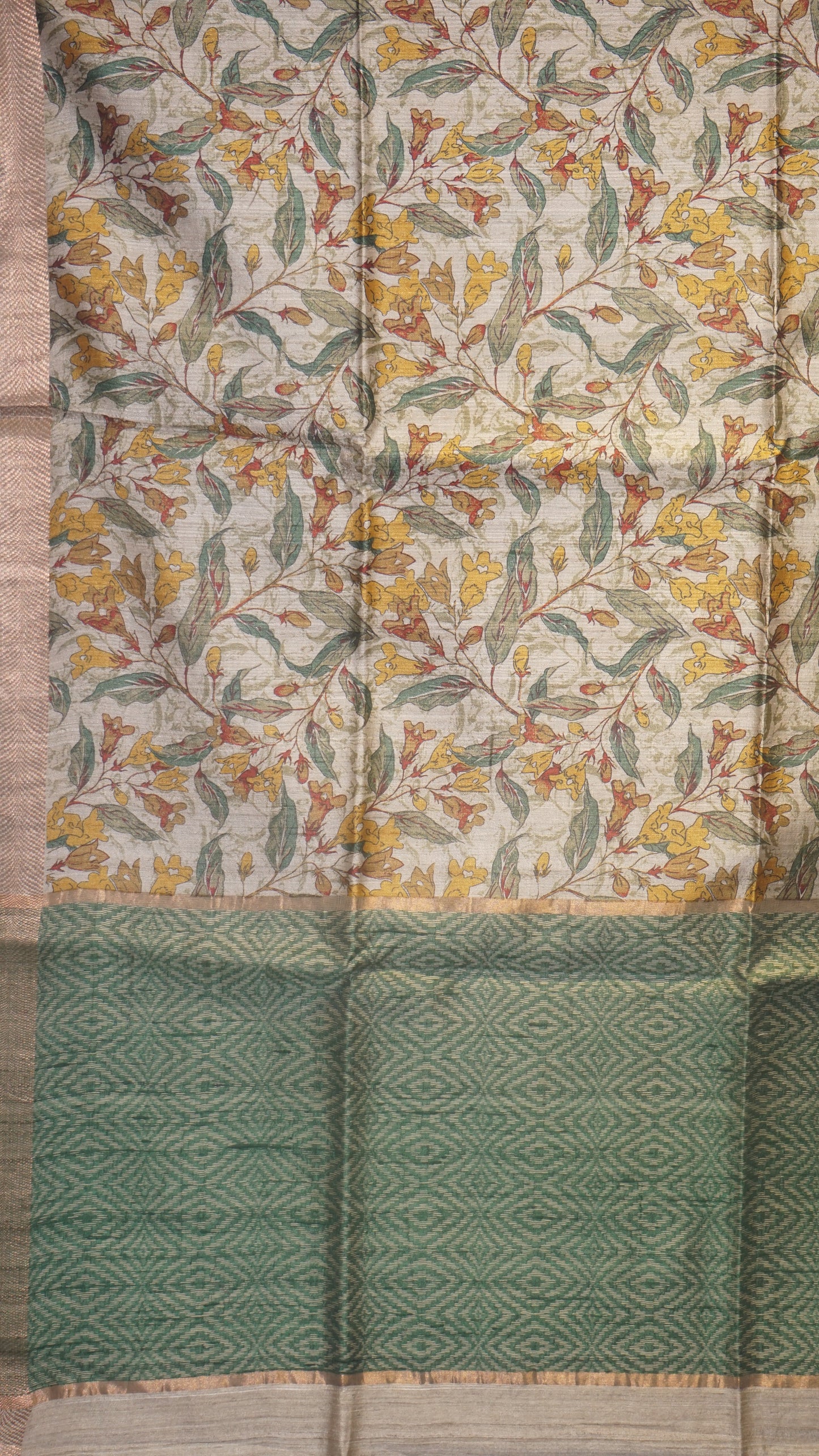 Pure Tussar Saree Floral - Beige & Green