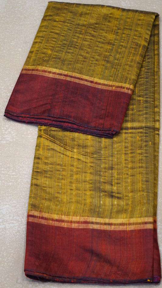 Pure Dupion Silk Saree - Mustard with Red Border
