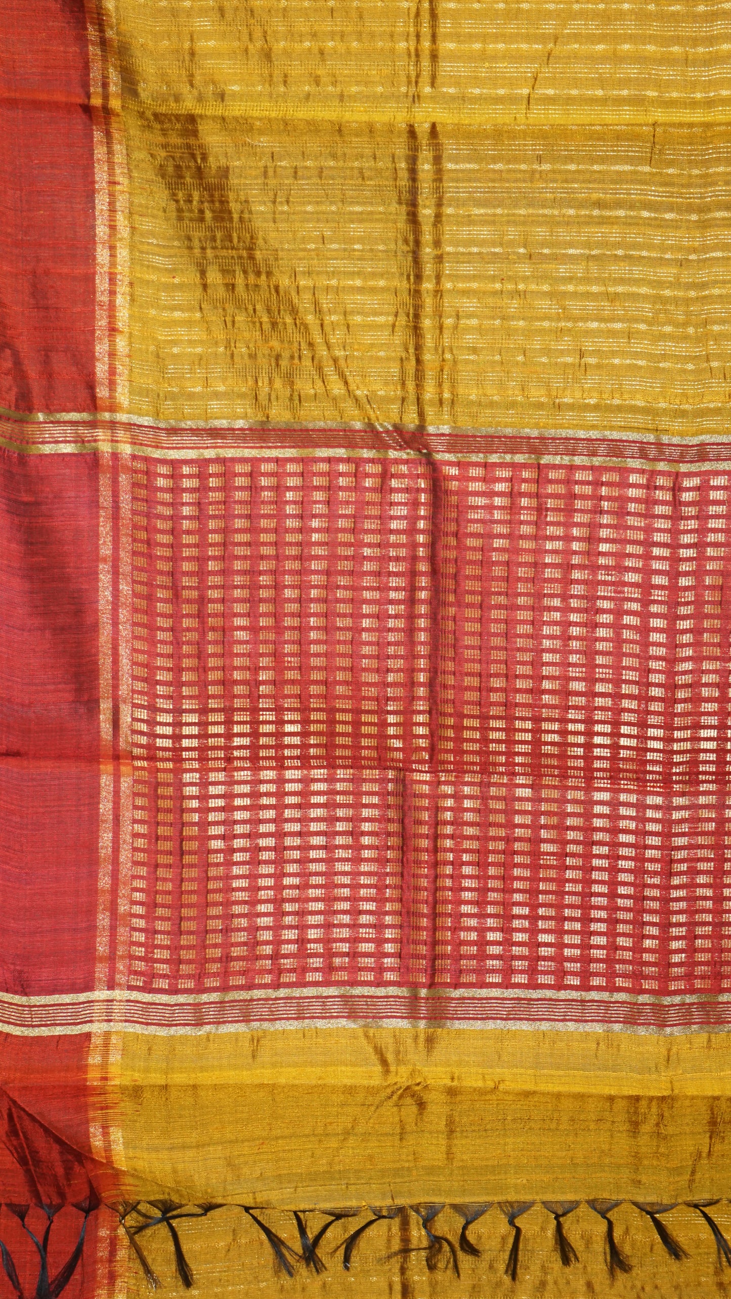 Pure Dupion Silk Saree - Mustard with Red Border