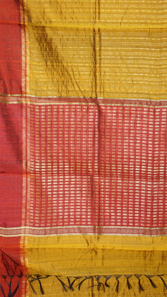Pure Dupion Silk Saree - Mustard with Red Border