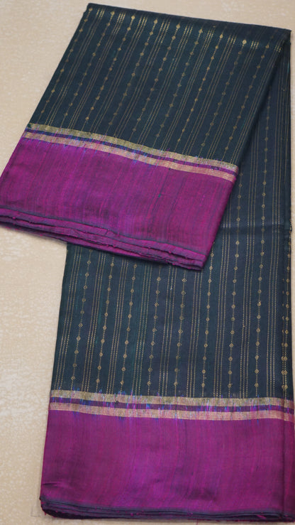 Pure Dupion Silk Saree - Bottle Green with Purple Border
