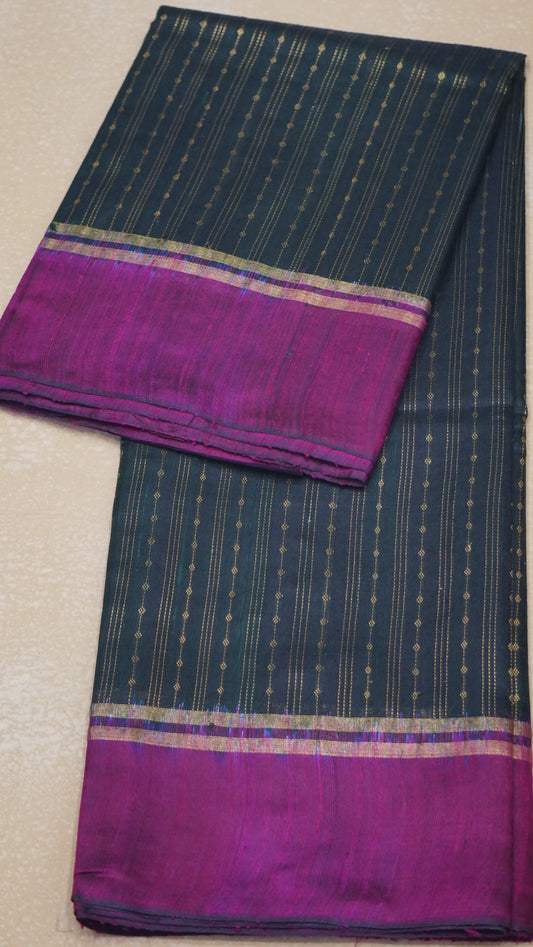 Pure Dupion Silk Saree - Bottle Green with Purple Border