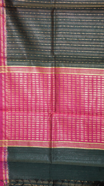 Pure Dupion Silk Saree - Bottle Green with Purple Border