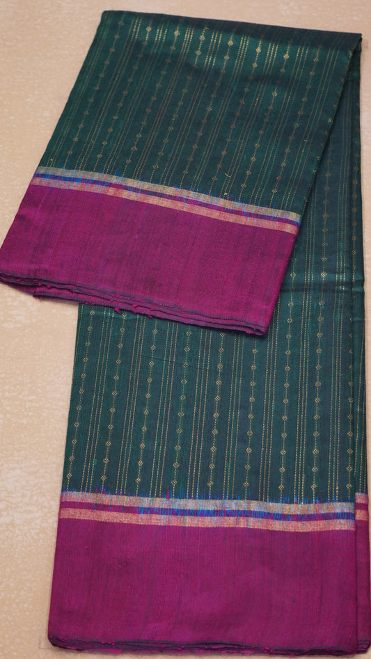 Pure Dupion Silk Saree - Green with Purple Border