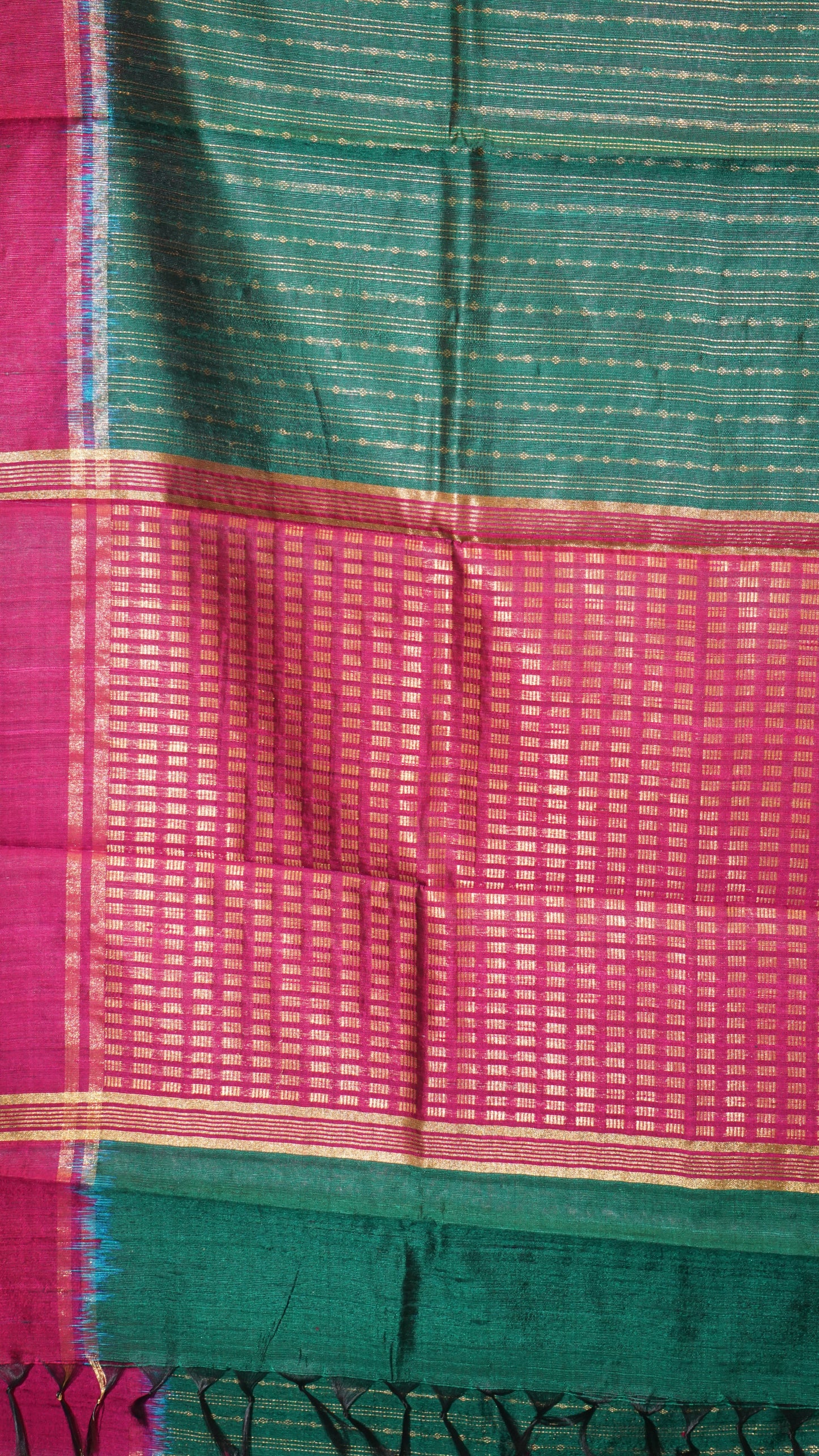 Pure Dupion Silk Saree - Green with Purple Border