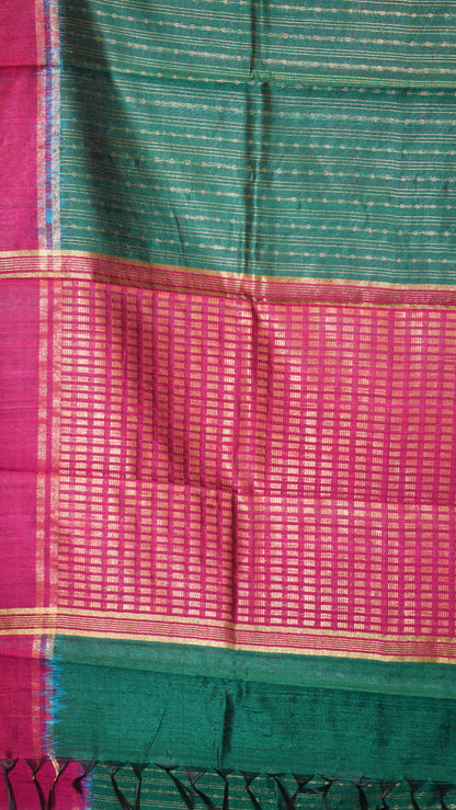 Pure Dupion Silk Saree - Green with Purple Border