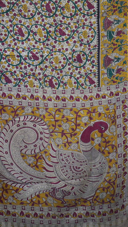 Kalamkari Saree Silk - Beige With Mustard Border