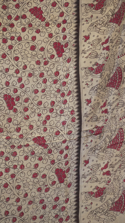 Kalamkari Saree Silk - Beige With Mustard Border