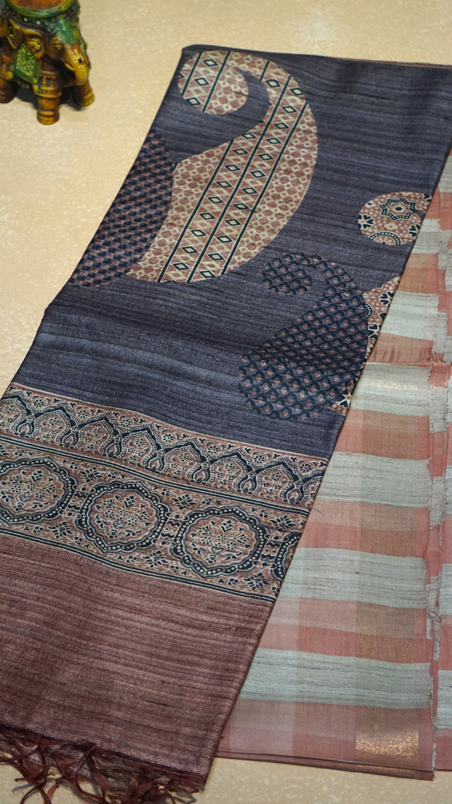 Pure Tussar Saree Checks - Peach & Navy Blue