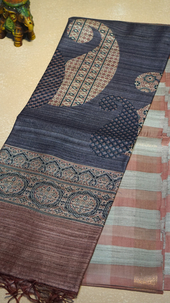Pure Tussar Saree Checks - Peach & Navy Blue