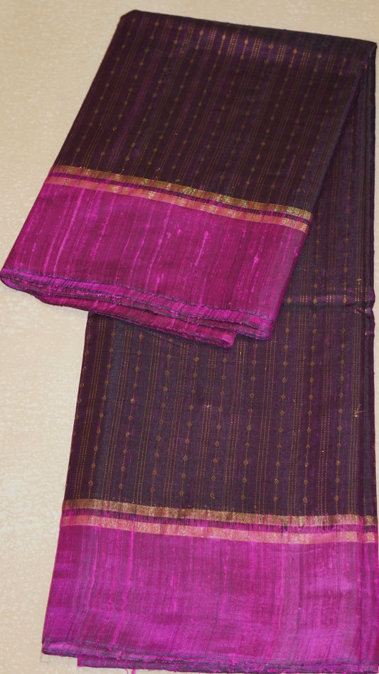 Pure Dupion Silk Saree - Magenta with Purple Border