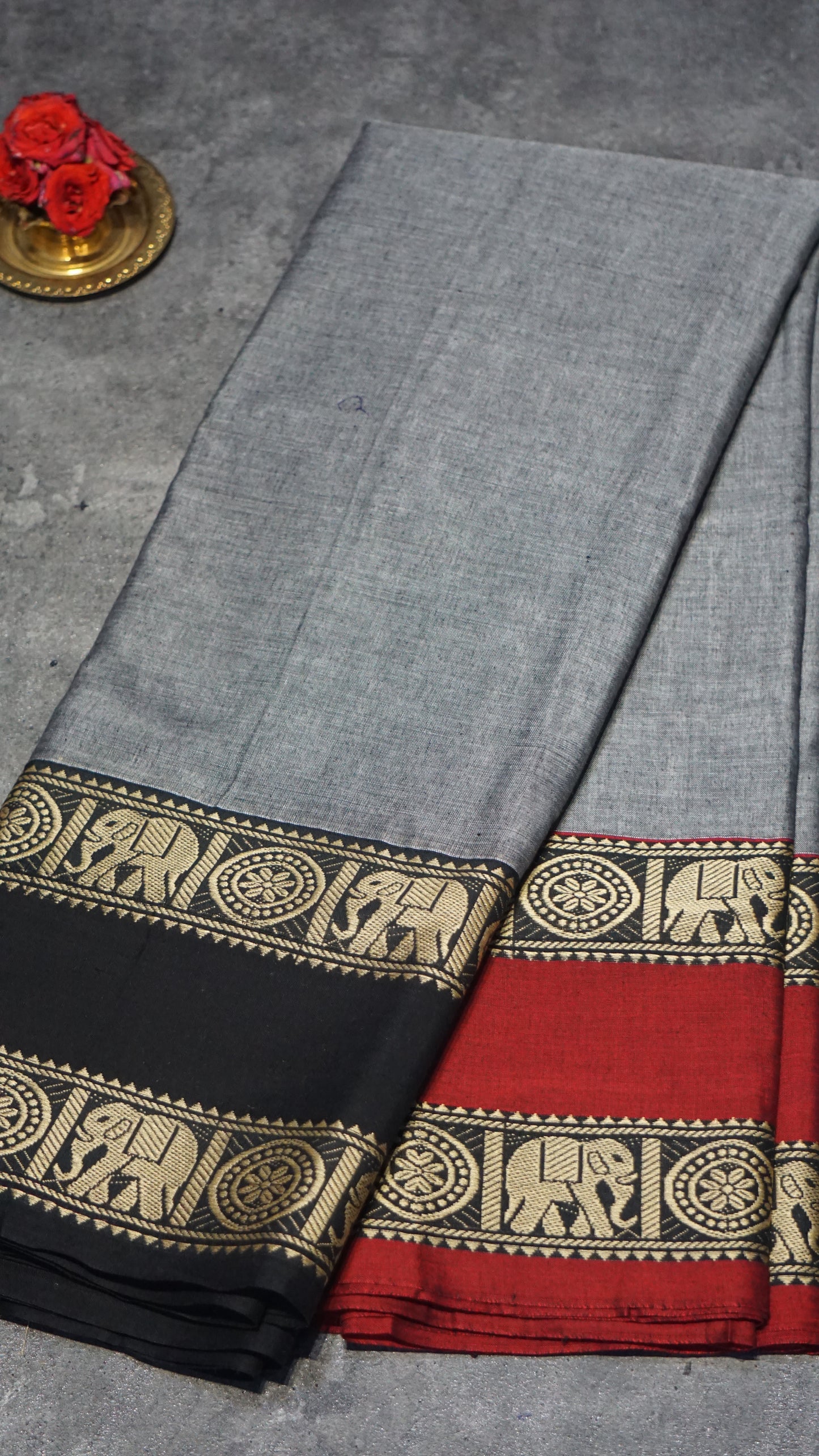 Narayanapet Cotton Saree Elephant Double Border Grey