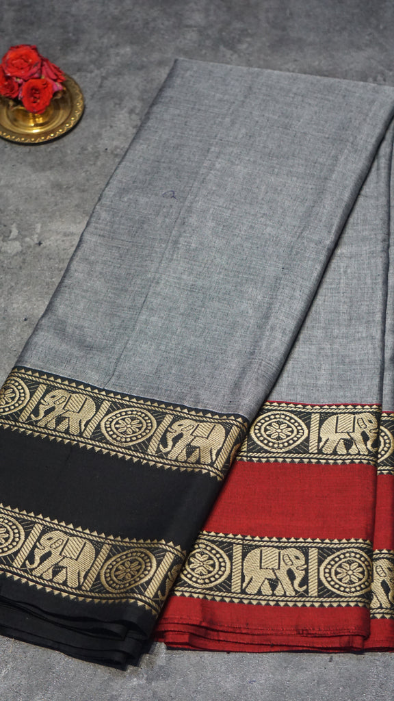 Narayanapet Cotton Saree Elephant Double Border Grey