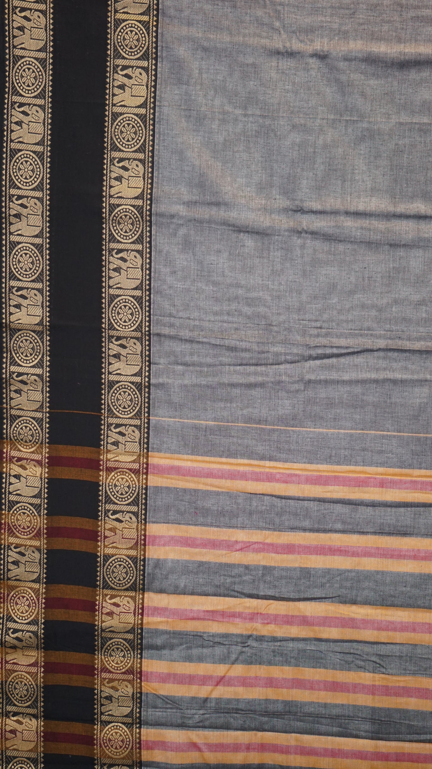 Narayanapet Cotton Saree Elephant Double Border Grey