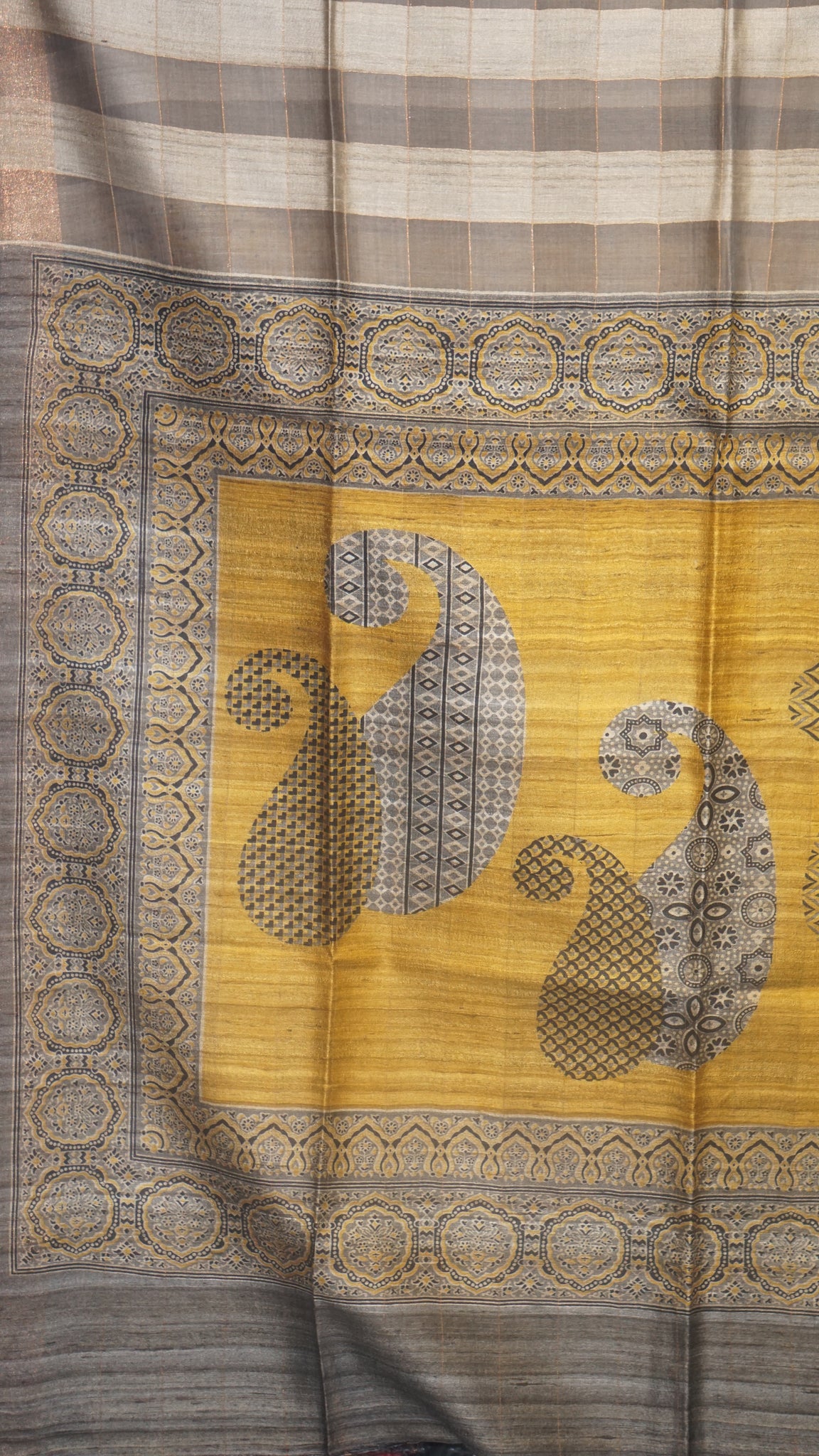 Pure Tussar Saree Checks - Mustard & Grey