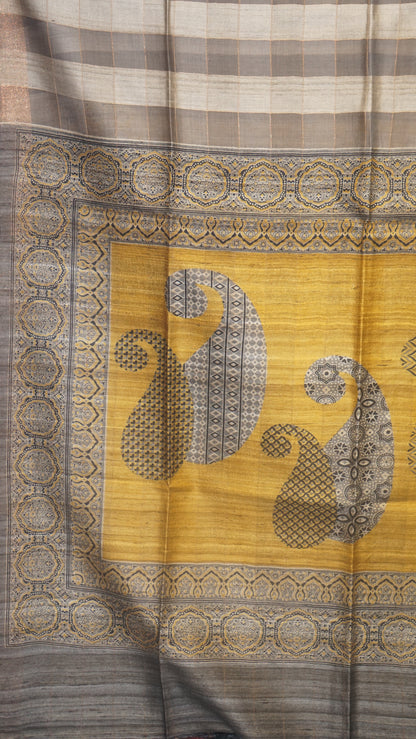 Pure Tussar Saree Checks - Mustard & Grey
