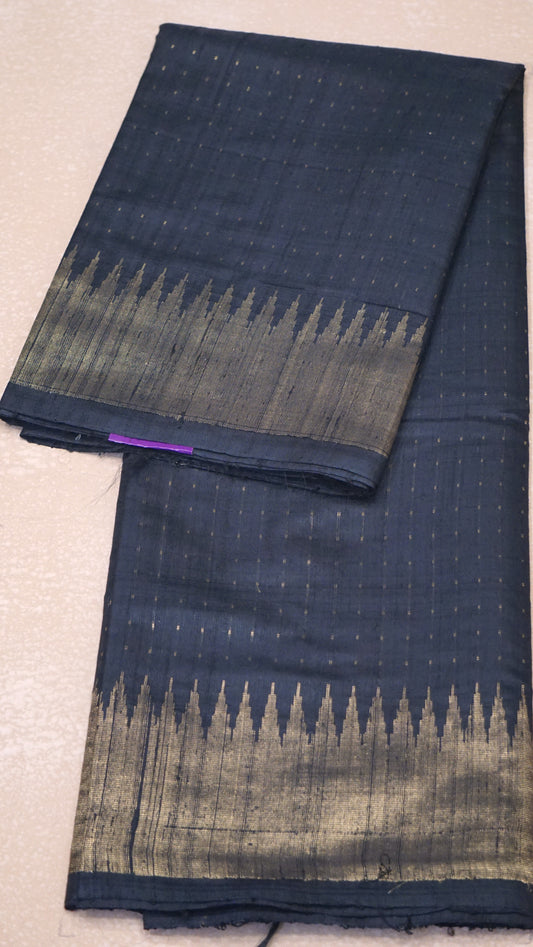 Pure Dupion Silk Saree - Black with Gold Zari