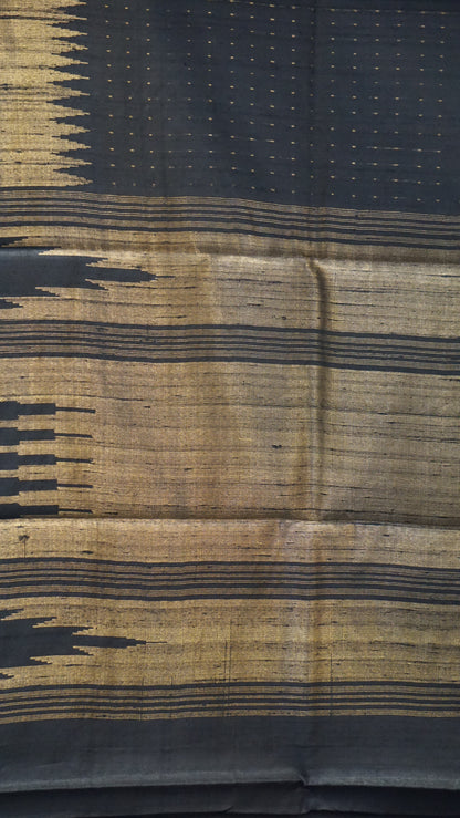 Pure Dupion Silk Saree - Black with Gold Zari