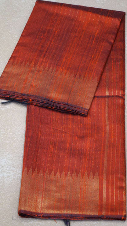 Pure Dupion Silk Saree - Orange with Gold Zari