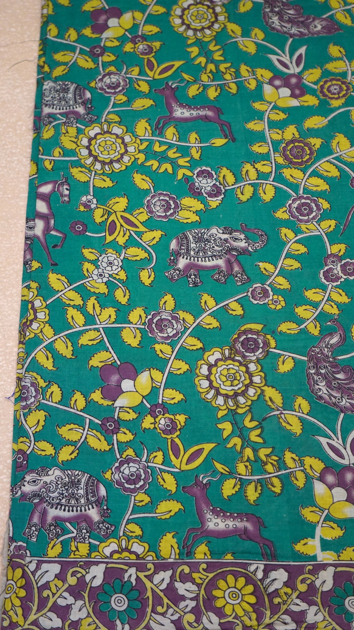 Kalamkari Saree Cotton - Green With Lavender Border