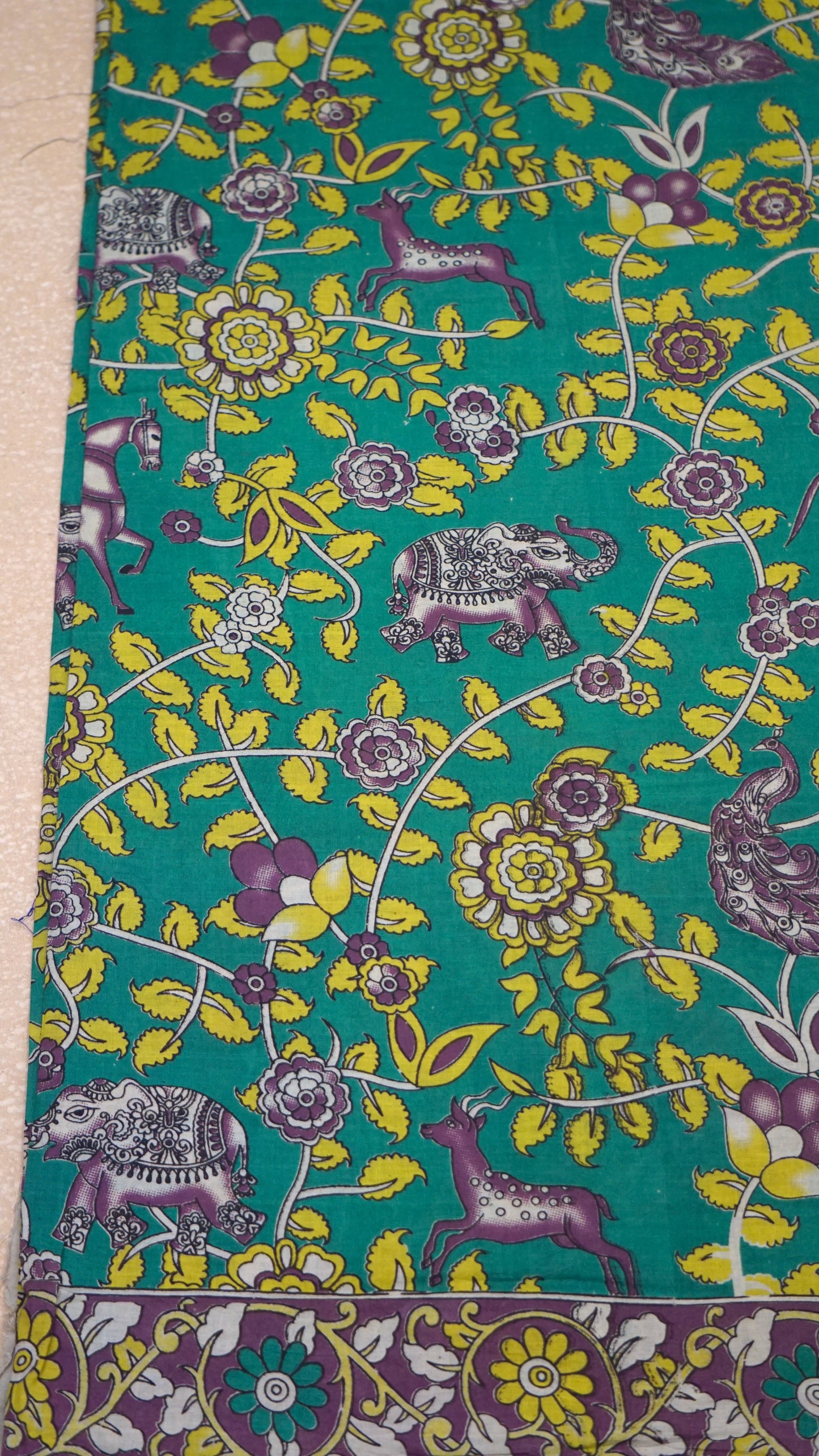 Kalamkari Saree Cotton - Green With Lavender Border