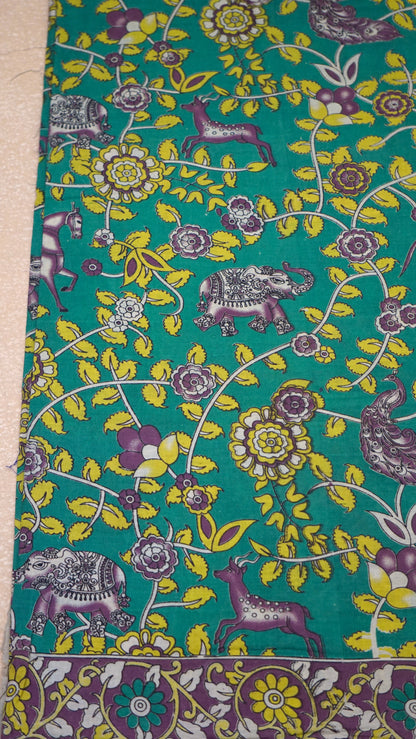 Kalamkari Saree Cotton - Green With Lavender Border