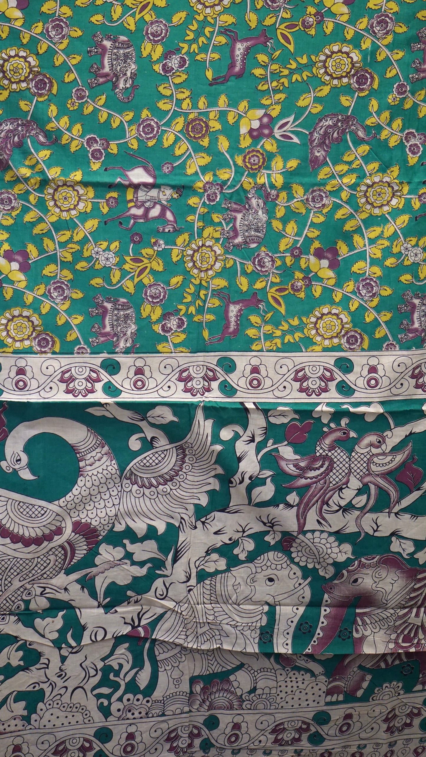 Kalamkari Saree Cotton - Green With Lavender Border