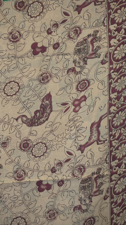 Kalamkari Saree Cotton - Green With Lavender Border
