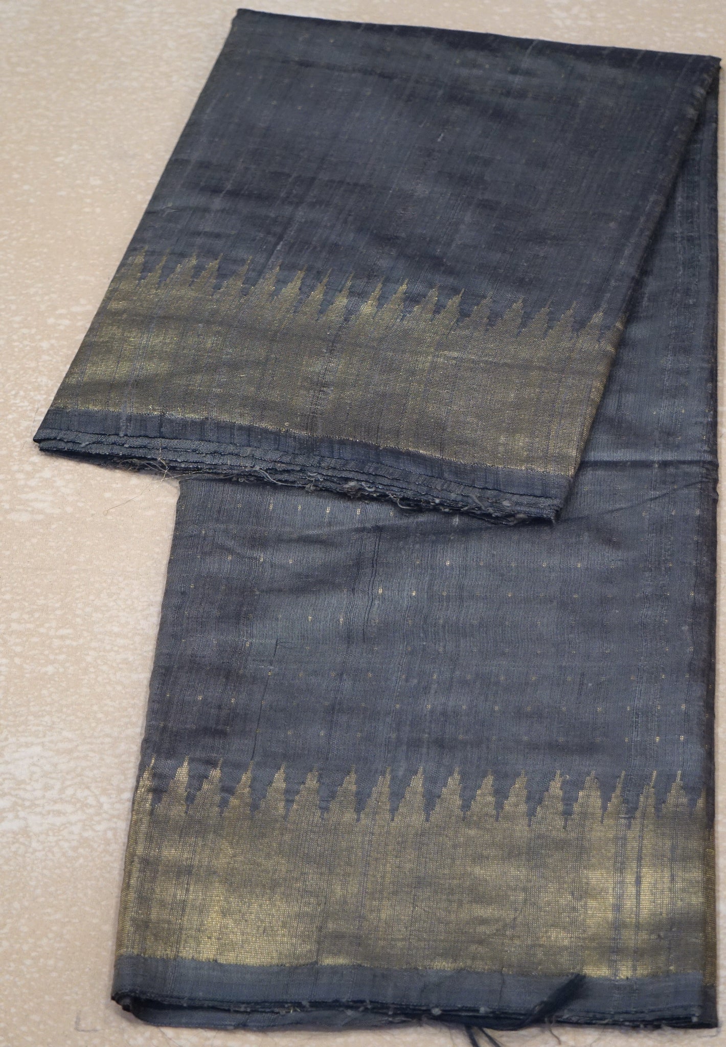 Pure Dupion Silk Saree - Grey with Gold Zari