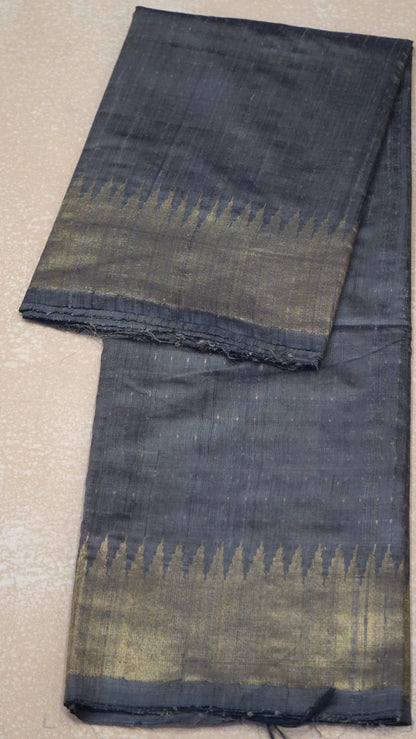 Pure Dupion Silk Saree - Grey with Gold Zari
