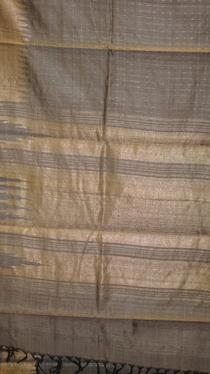 Pure Dupion Silk Saree - Grey with Gold Zari