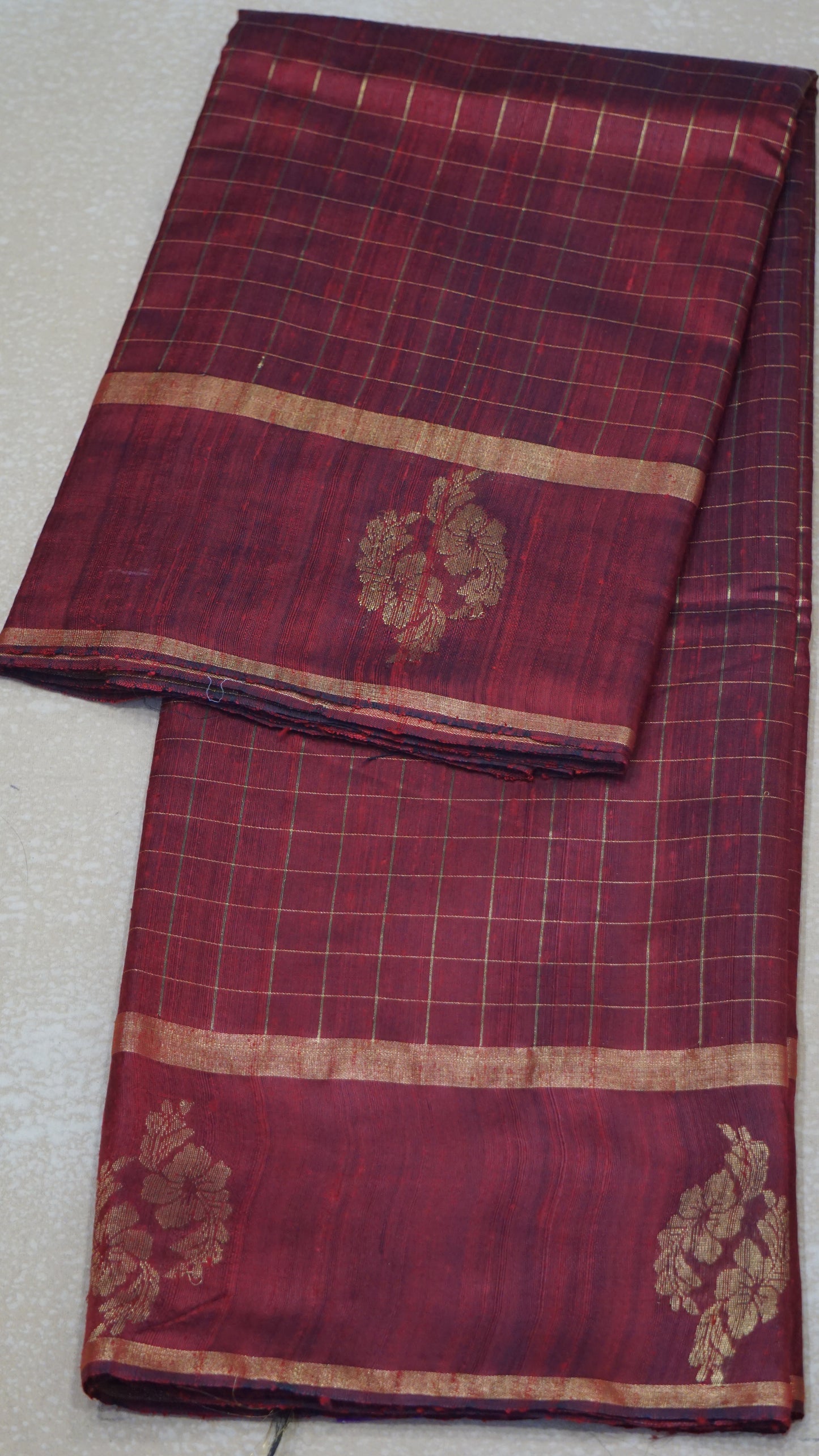 Pure Dupion Silk Saree Checks - Maroon