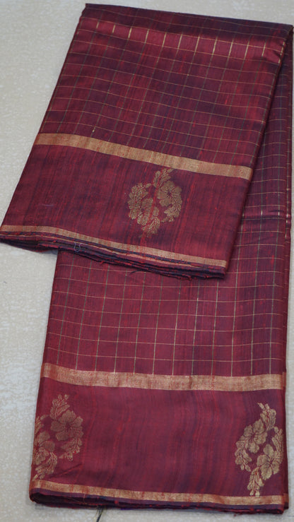 Pure Dupion Silk Saree Checks - Maroon