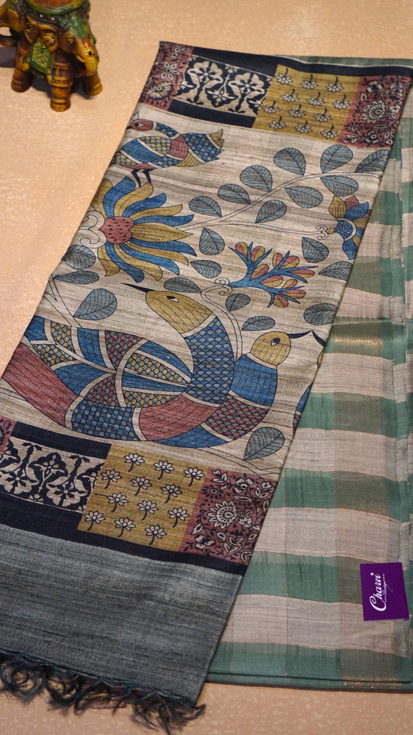 Pure Tussar Saree Checks - Cream & Pista Green