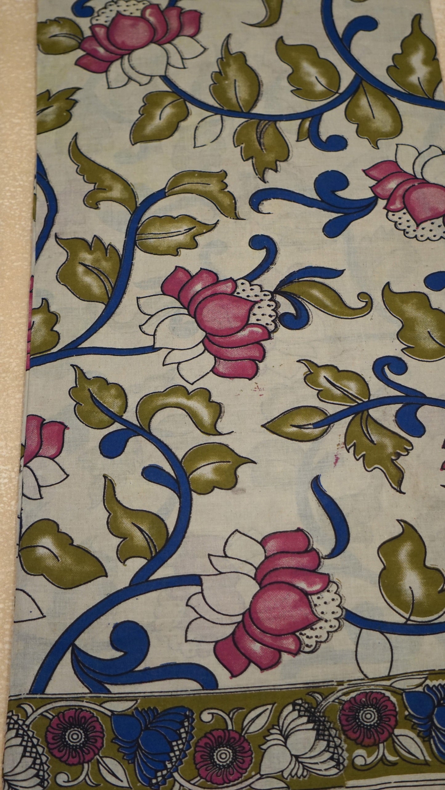 Kalamkari Saree Cotton - Beige With Mehendi Green Border