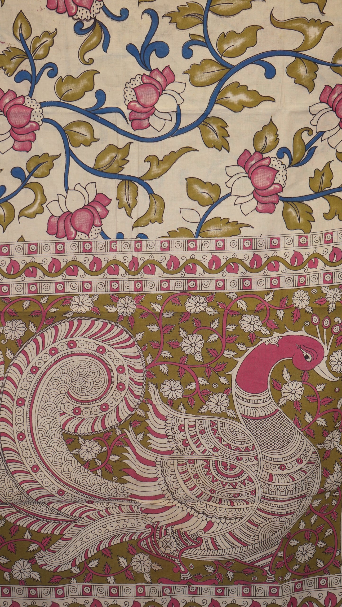 Kalamkari Saree Cotton - Beige With Mehendi Green Border