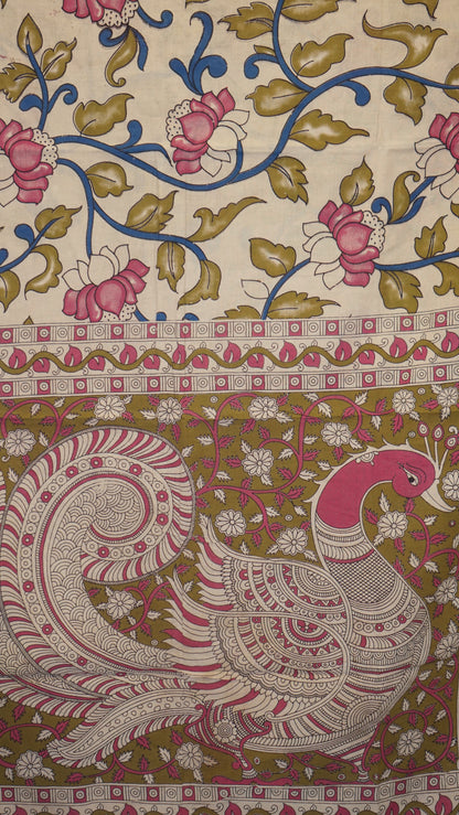 Kalamkari Saree Cotton - Beige With Mehendi Green Border