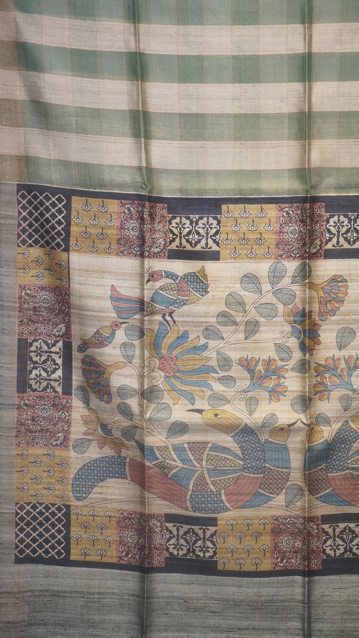 Pure Tussar Saree Checks - Cream & Pista Green