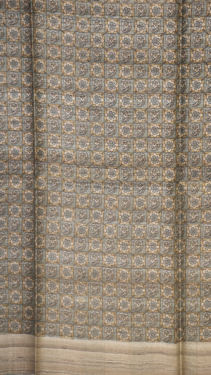 Pure Tussar Saree Checks - Cream & Pista Green