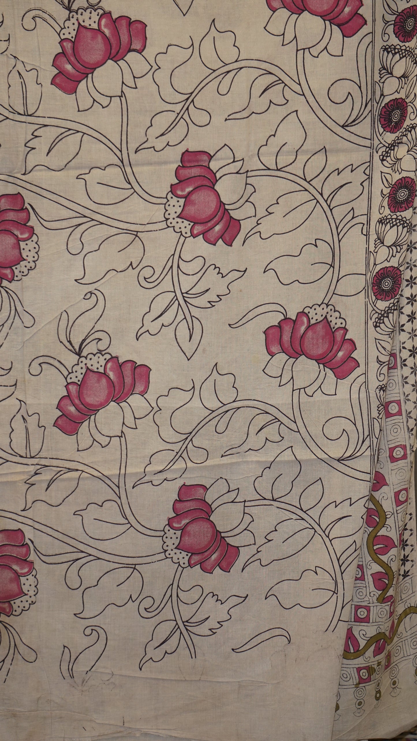 Kalamkari Saree Cotton - Beige With Mehendi Green Border