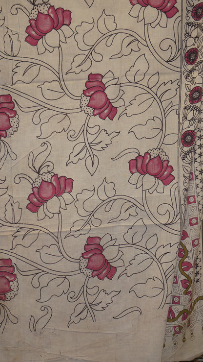Kalamkari Saree Cotton - Beige With Mehendi Green Border