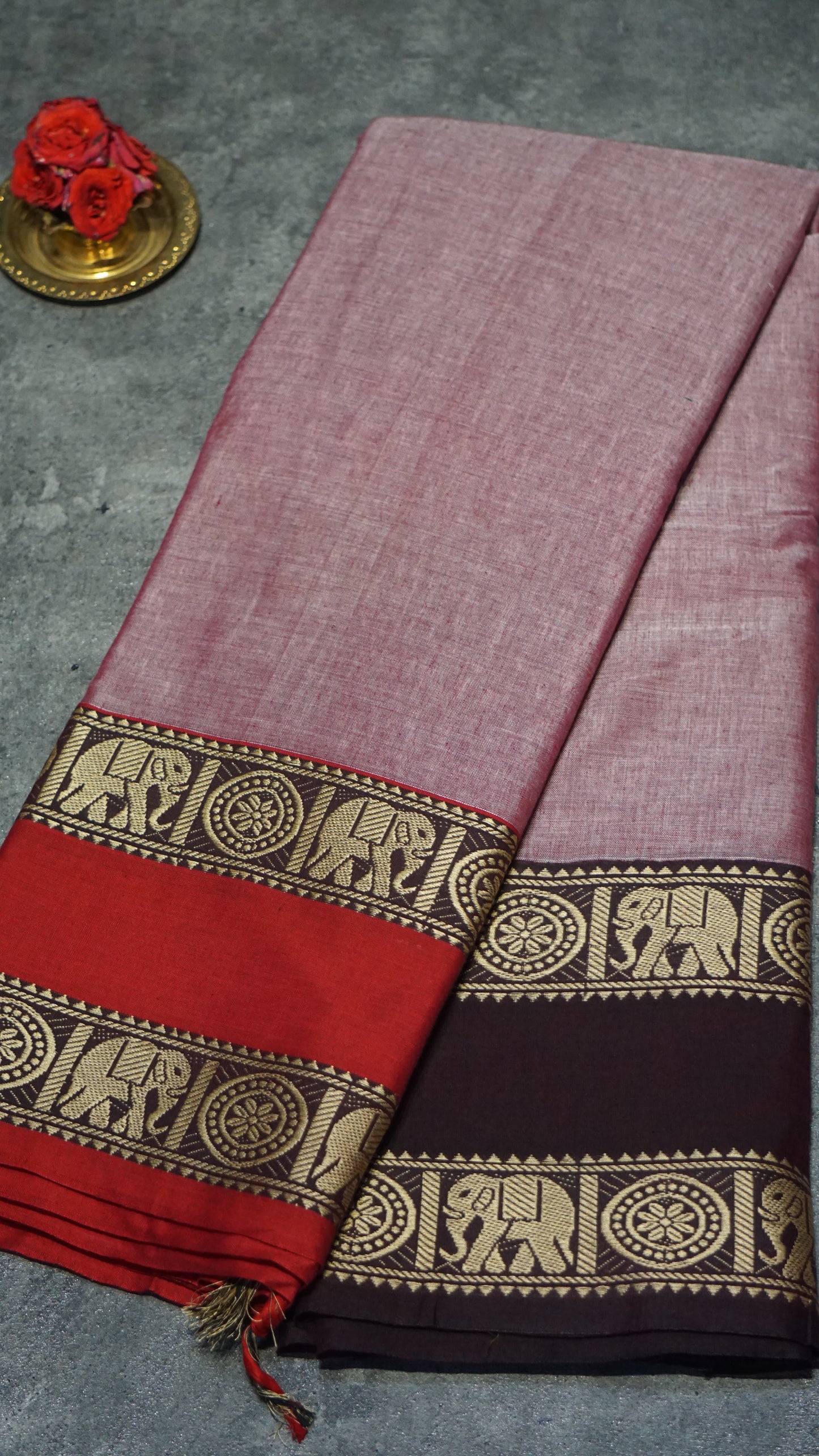 Narayanapet Cotton Saree Elephant Double Border Onion Pink