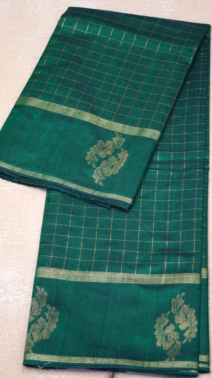 Pure Dupion Silk Saree Checks - Green